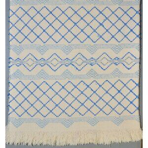 Vintage White & Blue Woven 45" X 32" Lap Throw Blanket Fringe Trim